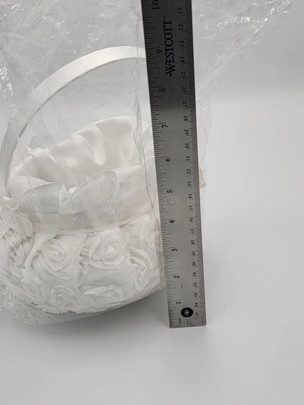 White Satin Flower Girl Basket With Ribbon & Rosette Details For Wedding Ceremon